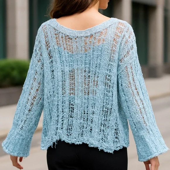 NWT POL Light Blue Distressed Open Knit Outseam Popover - Picture 4 of 5